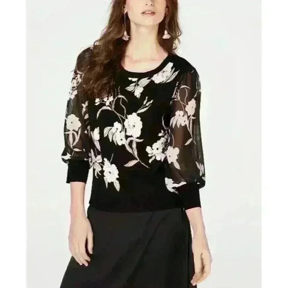 Inc International Concepts Floral Sheer-Sleeve Chiffon Sweater Size: L Black EUC - Picture 1 of 12
